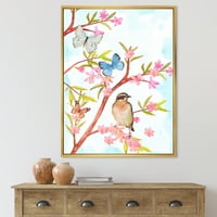 Дизайнарт 'умна птица, седнала на клон на пролетно дърво с пеперуди' традиционна рамка платно стена арт принт