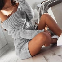 Кали _ магазин дълги пуловери за жени Дамски ежедневни цип фенер Дълъг ръкав плета пуловер рокля Сгъваема яка хлабав оребрени пуловер джъмпер Пуловери сиво, л