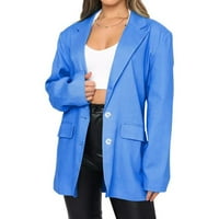 Дълго блейзер якета за жени дами твърди завой надолу яка яке дълъг ръкав палто Връхни дрехи синьо с
