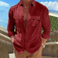 Мъжки ризи Corduroy Небрежни мускули прилепват лапета с дълъг ръкав, солиден бутон за шия надолу по тропически празнични плажни ризи с джобове