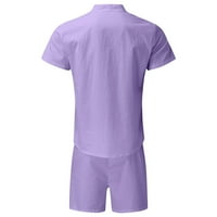 Puawkoer men стои яка с къс ръкав солидна ежедневна модна спортна риза къси панталони костюм мъжки пуловер L лилаво
