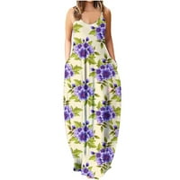 Maxi Sundresses for Women Fashion Sling Midaist V-образно деколте без ръкави ивици флорален печат тънък плаж дълга рокля пролетни летни рокли за жени Purplexl