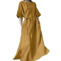 Аиомет Плюс размер рокля за жени дамски летни Плътен цвят Мода Сплит подгъва слънце пола елегантен къс ръкав Случайни колан памук и бельо рокля, жълто и