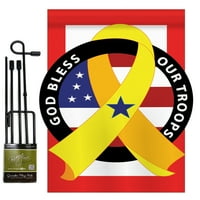 Бог да благослови нашите войски Americana Patriotic Applique Декоративна вертикала 13 18.5 Двустранния градински флаг комплект метален полюс хардуер