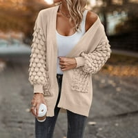 Жилетка за жени пуловери плетка с дълъг ръкав отворен фронт есен и зима ежедневен плътно цвят V-образно деколте с джоб бежово m