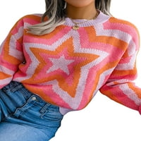 Seyurigaoka жени Модна дива пуловер Контраст Цвят звезди Кръгла шия с дълъг ръкав плетени върхове есен зимни ежедневни пуловер