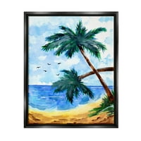 Тропически Плаж Палми Птици, Летящи Крайбрежни Живопис Джет Черно Рамка Изкуство Печат Стена Изкуство