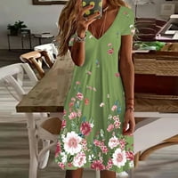 Летни рокли за жени мода ежедневни В-деколте с къс ръкав флорални А-линия рокли средна дължина свободни Дамски рокли зелен ШЛ