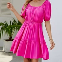 Женски квадратна шия дълга рокля плътно цветен пуф ръкав летни люлеещи рокли горещо розово размери l