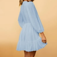 Тинг Мода Дамски летни ежедневни елегантни твърди тънък рокля Фенер ръкав мини парти рокля синьо ШЛ