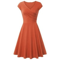 Рокли за жени летен свободен ръкав в-Деколте женска А-линия Плътен темперамент Дата оранжева рокля с