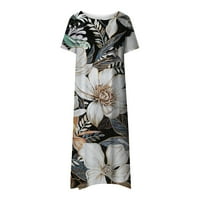 Tking Fashion Women's Summer ежедневни бохо отпечатана рокля с тениска с джобни къси ръкави O-Neck Maxi рокли сиво 3xl