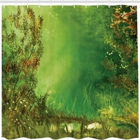 Трапична гора завеса за душ, мистична мечтана пеперуда на сухопътна трева цветя гущер романтично живописно изкуство, плат плат декор за баня с куки, 72x72, зелено