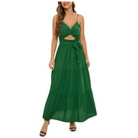 Дамски рокли със средна дължина солидна кръгла деколте слънчева рокля къса ръкав зелено s