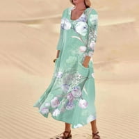 Gdfun женски небрежен комфортен флорален принт три четвърт ръкави памучна джобна рокля - - Жени летни рокли MIDI дължина есенни рокли за жени Макси рокля