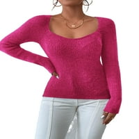 Небрежни обикновени лъжички шия основни върхове дълъг ръкав горещи розови жени пуловери