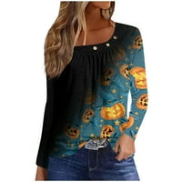 Блузи за дълги ръкави за жени ежедневни бутони за шия надолу риза Хелоуин печат блуза върхове свободни годни есенни ризи отгоре