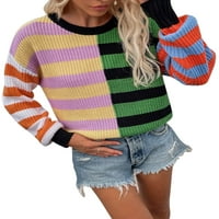 Пуловери за жени многоцветни ивици шевове пуловер дамски пуловер ежедневен екипаж на врата с дълъг ръкав ребра плетен пуловер върхове alsol lamesa