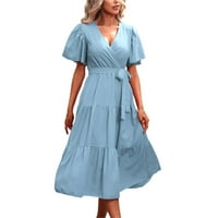 Manxivoo рокля с къс ръкав солиден цвят v шия къса ръкав рокля летни жени летни рокли женски ежедневни рокли bu2