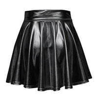 Пикси поли за жени Дамски ежедневни модни лъскави метални разкроени плисе а-линия мини пола Черно + л