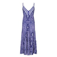 Caveitl рокли за жени, модни жени летни ежедневни печат v-образно деколте камис без ръкави с дълга рокля синьо, xl