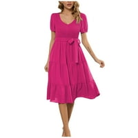Летни рокли за жени Солидно кръгло деколте A-Line дължина на коляното модна рокля с къс ръкав горещо розово s
