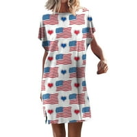 Lovskoo жени дами 4 юли върхове американски флаг звезда Топ слънчеви рокли ежедневни секси отпечатани къси ръкав кръгла шия редовна рокля със средна дължина бяла