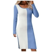 Vivianyo HD рокли за жени с дълъг ръкав Женски моден ежедневен цвят съвпадение на пуловер Удобен дълъг ръкав кръгла рокля флаш пики синьо