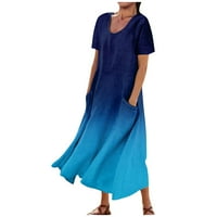 В продажба ummiway лятната рокля за жени ежедневни разхлабени плюс размер градиент печат A-рамка с къс ръкав синя S-3XL