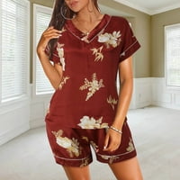 Жени пижами комплект сатен спално облекло бельо v риза на врата къси панталони нощни дрехи домашни дрехи жени пижама комплекти червен xxxl