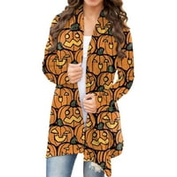 Дамска жилетка зима есен с дълъг ръкав Хелоуин тиквена котка печат отворен фронт плюс размер палто пуловери върхове