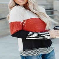 Дамски пуловери райета ризи Небрежни върхове с дълъг ръкав за жени цветен блок пачуърк пухкав пуловер върхове на пуловер туника вафли върхове